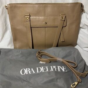 Ora Delphine Beige Leather Tote with Gold Accents